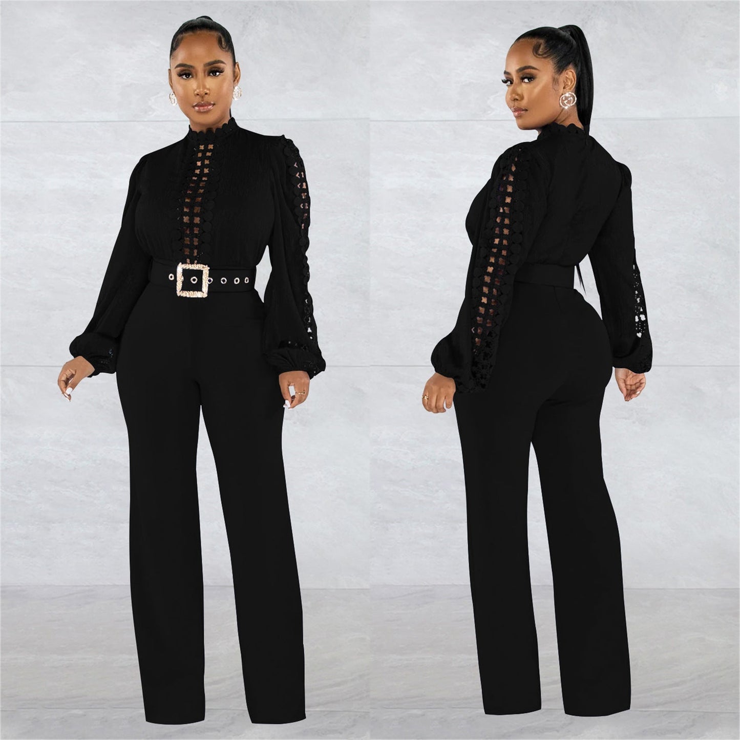 Women's Wear Belt Lace Cutout Solid Color Suits