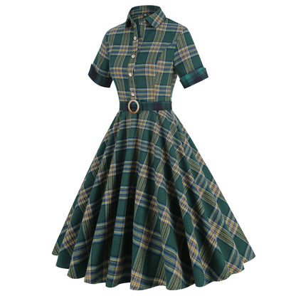 Women's Retro Elegant Hepburn Style British Plaid Dresses