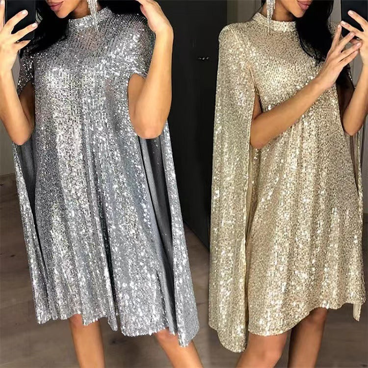 Women's Sequin Long Sleeve Split Dress Small Stand Dresses
