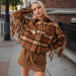 Plaid Slit Opening Tassel Wool Long Coats