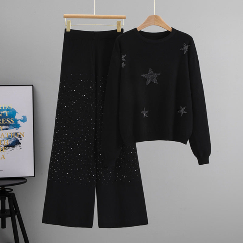 Women's Autumn Elegant Rhinestone Loose Wide Leg Suits
