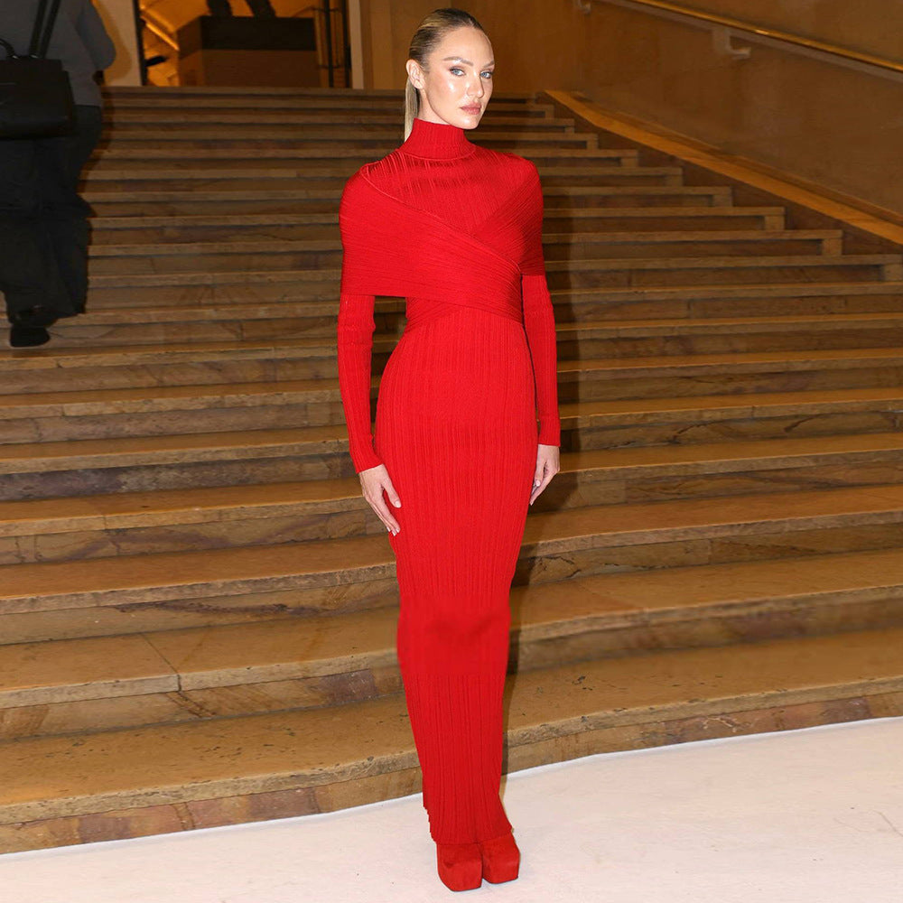 Women's High-grade Long-sleeved Red Cross Jacquard Bandage Dresses