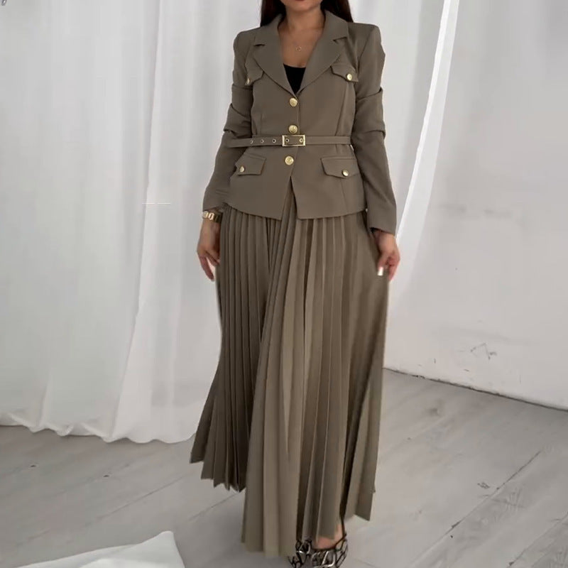 Spring Solid Color Elegant Lapel Pleated Skirts