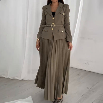 Spring Solid Color Elegant Lapel Pleated Skirts
