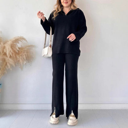 Women's Color Zipper Knitting High Neck Ribbing Suits