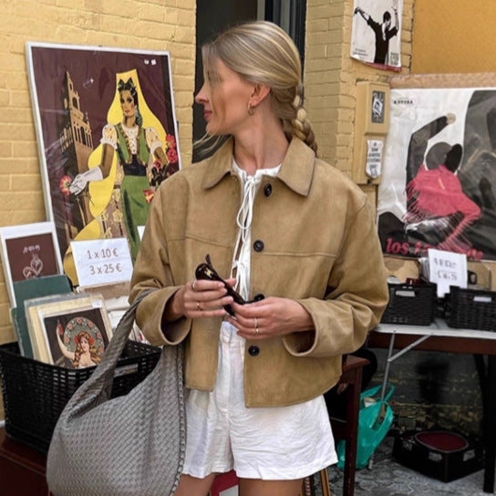 Women's Style Suede Autumn Commuter Khaki Polo Coats