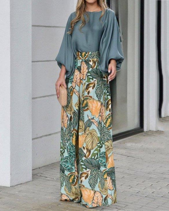 Women's Lantern Sleeve Loose Printed Wide Leg Two-piece Pants