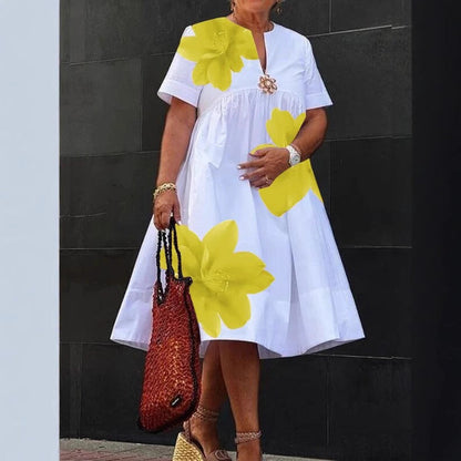Women's Collar Pleated Sleeve White Background Loose Dresses
