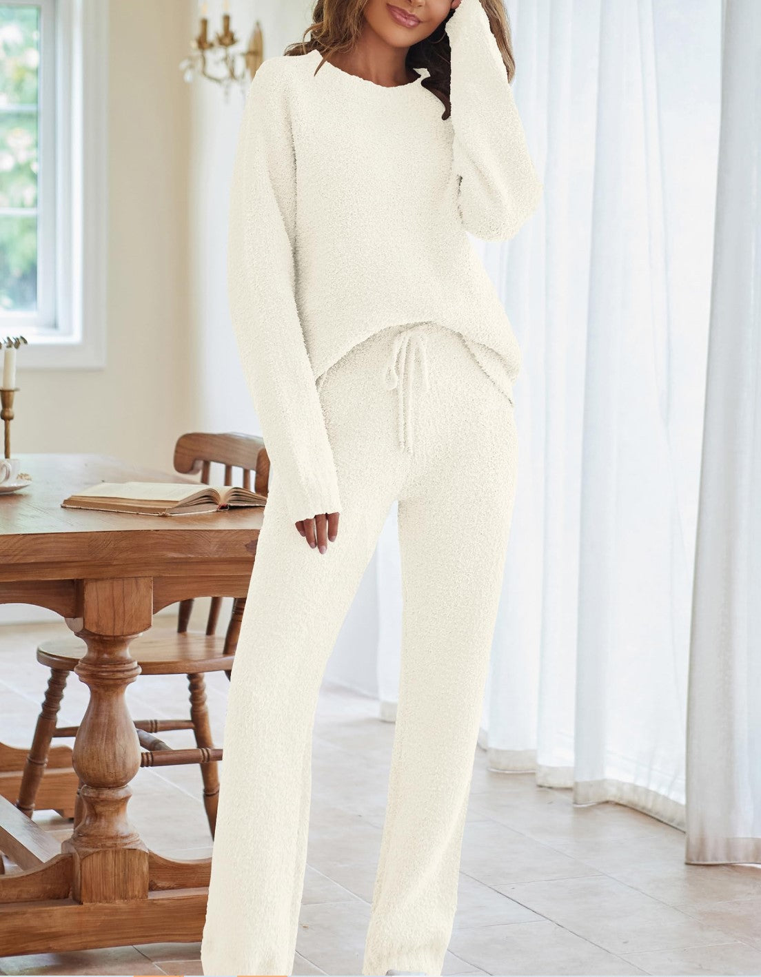 Women's Color Round Neck Long Sleeve Trousers Suits