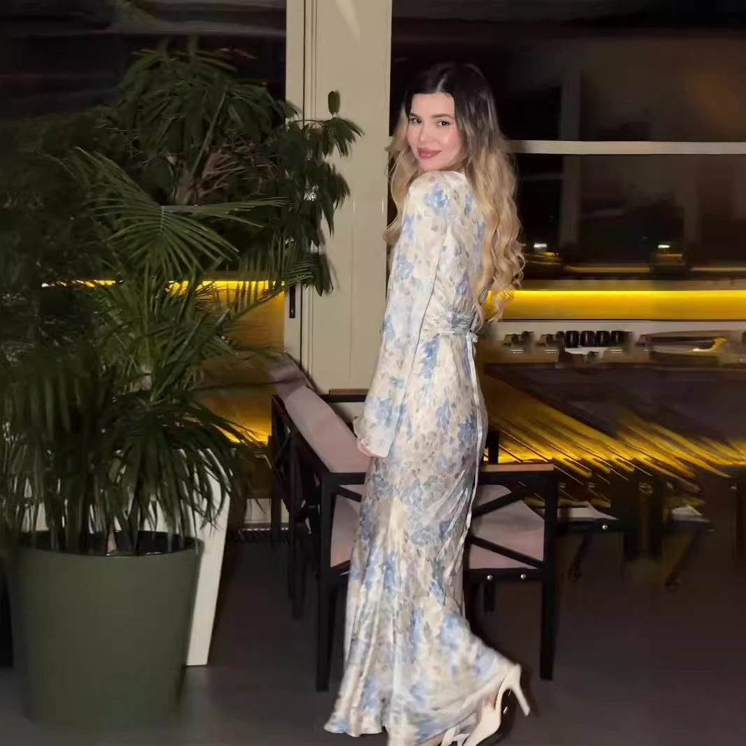 Spring Gentle Satin Printed Lady Style Dresses