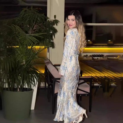 Spring Gentle Satin Printed Lady Style Dresses