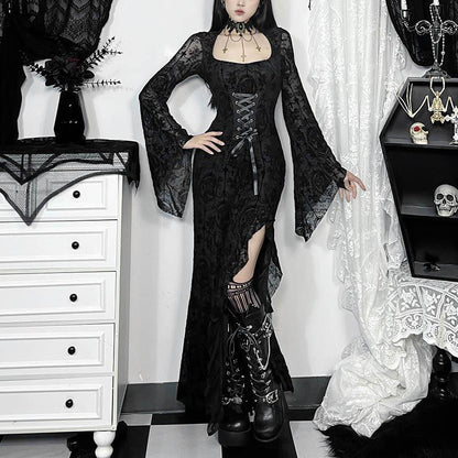 Elegant Sexy Cross Flocking Long-sleeved Dress Dresses
