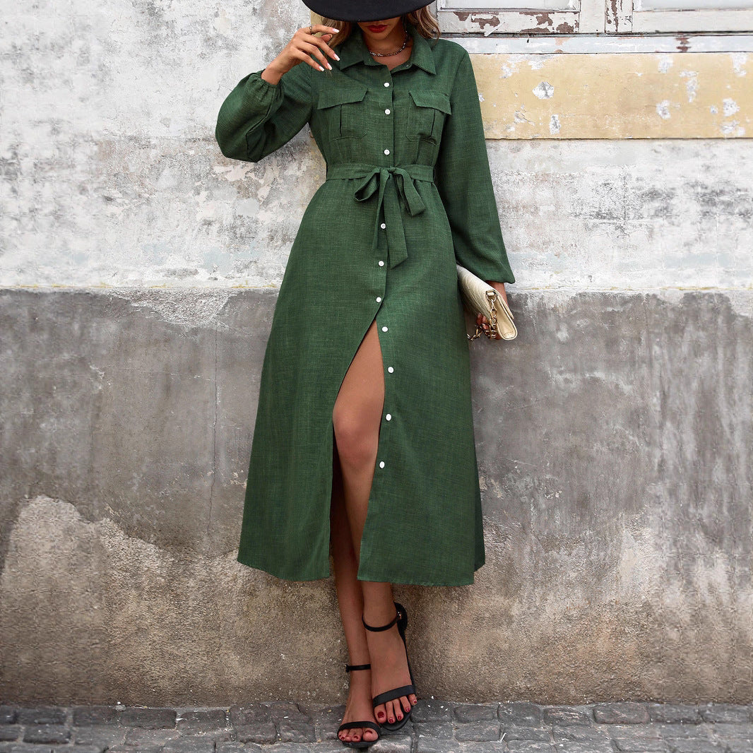 Women's Autumn Turn-down Collar Green Long Sleeve Solid Dresses
