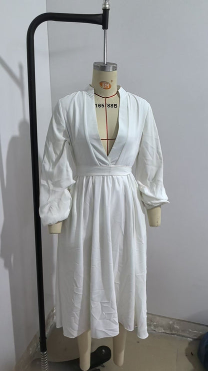 Women's Long Sleeve Solid Color Pleated Belt Dresses
