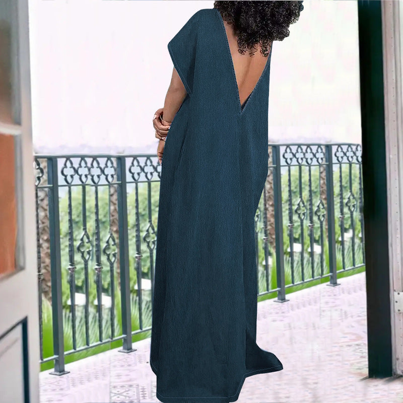 Women's Large Denim Sleeveless Backless Long Dress Dresses