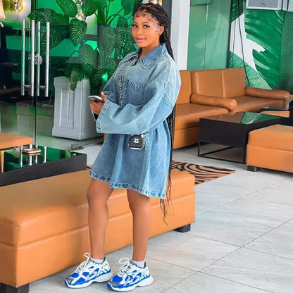 Women's Dress Fashion Polo Collar Loose Denim Dresses