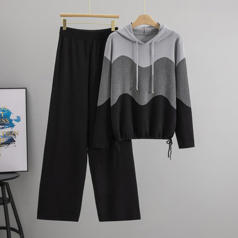 Women's Knitted Hooded Color Matching Casual Sports Suits