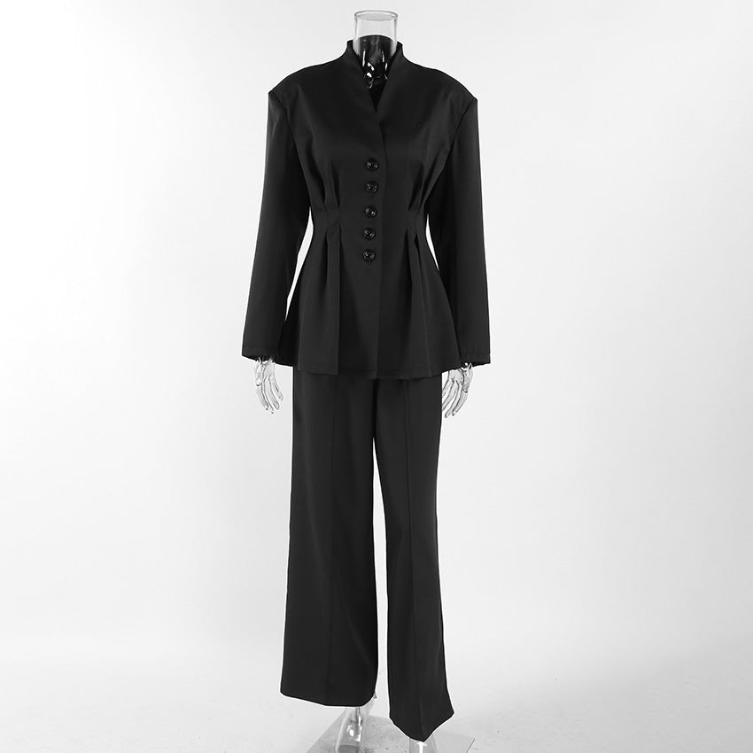 Women's Black High-grade Long-sleeved Pleated Waist Tight Suits