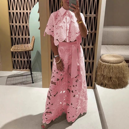 Summer Hollowed Leisure Lace Shirt Trousers Suits
