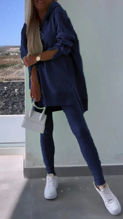 Women's Sports Casual Slit Hooded Tights Two-piece Suits