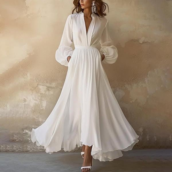 Women's Long Sleeve Solid Color Pleated Belt Dresses