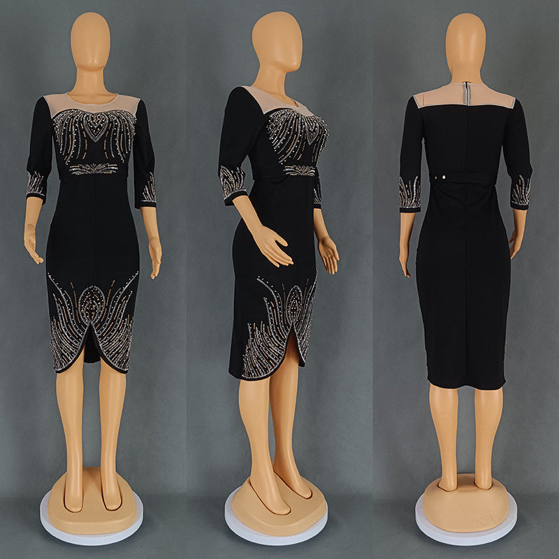 Women's African Fashion Wear Half Sleeve Beaded Hot Drilling Party Dresses