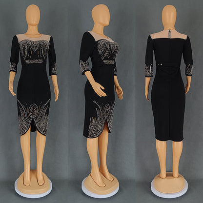 Women's African Fashion Wear Half Sleeve Beaded Hot Drilling Party Dresses