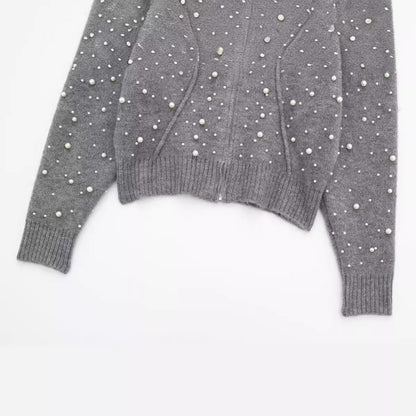 Trendy Autumn Decorated Pearls Knitted Bomber Jackets