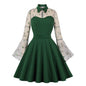Women's Black Sleeve Mesh Embroidered Bell Patchwork Dresses