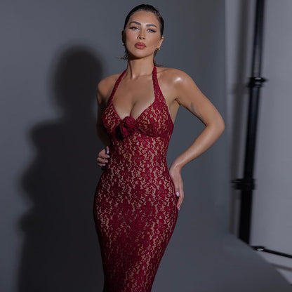 Summer Halter Backless Red Lace Fishtail Dresses