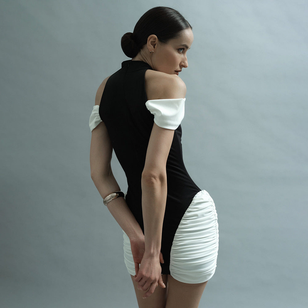 Women's Contrast Patchwork Sexy Hourglass Pleated Halter Dresses
