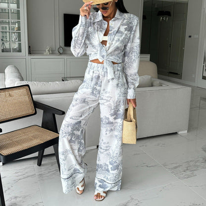 Women's Ink Painting Printing Lapel Shirt High Waist Suits
