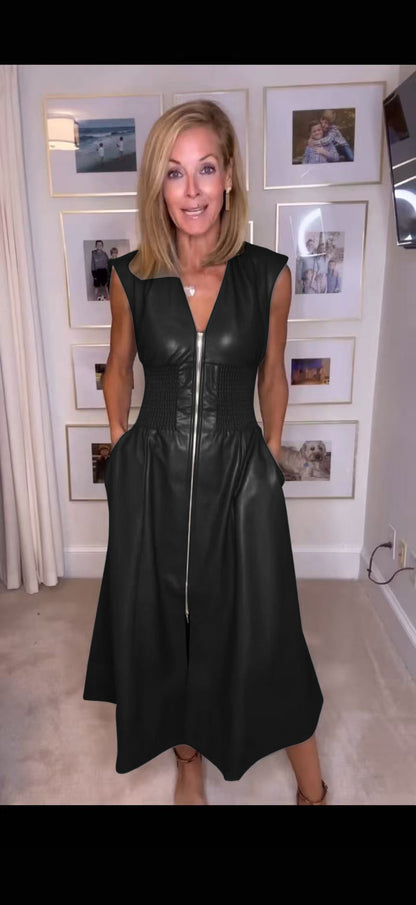 Women's French Dress Retro Sleeveless Leather Zipper Dresses