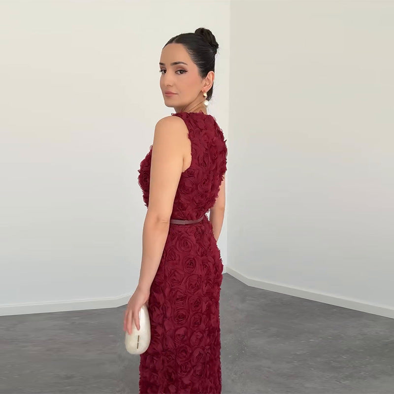 Women's Round Neck Sleeveless Ruffled Elegant Dress Dresses