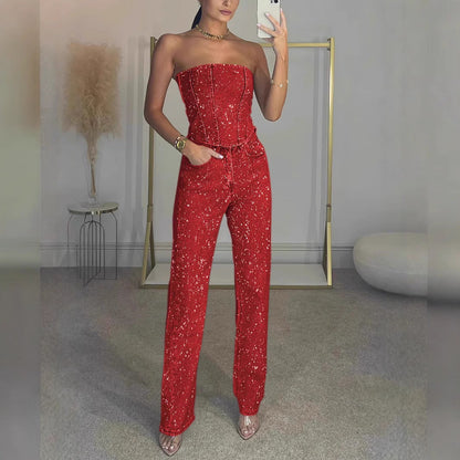 Women's Sexy Shiny Diamond Trousers Two-piece Set Suits
