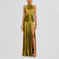 Women's Sleeveless Backless Metallic Pleated Split Halter Dresses
