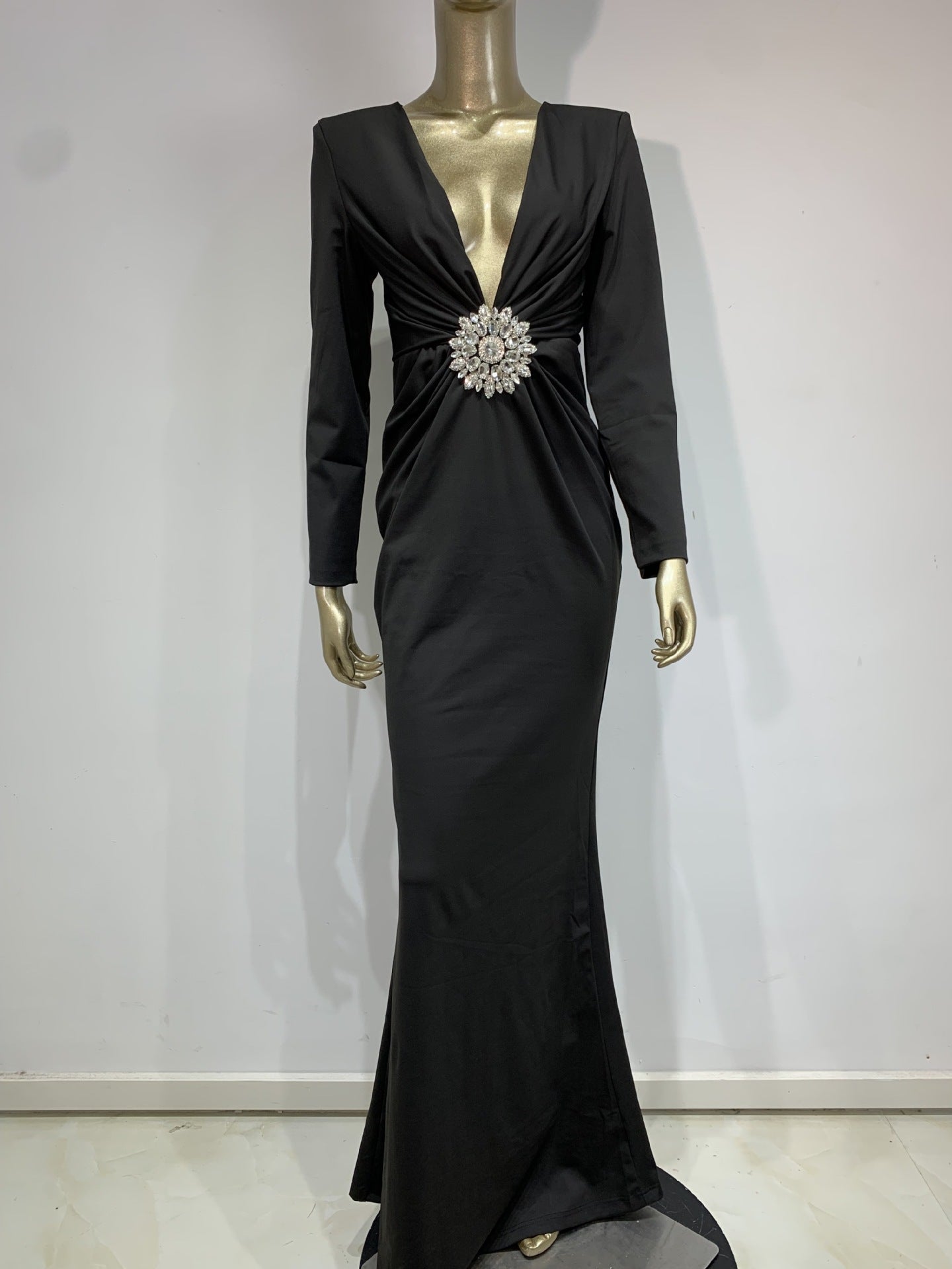 Elegant Long Sleeve Deep V Drill Dresses