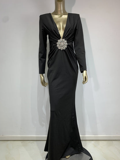 Elegant Long Sleeve Deep V Drill Dresses