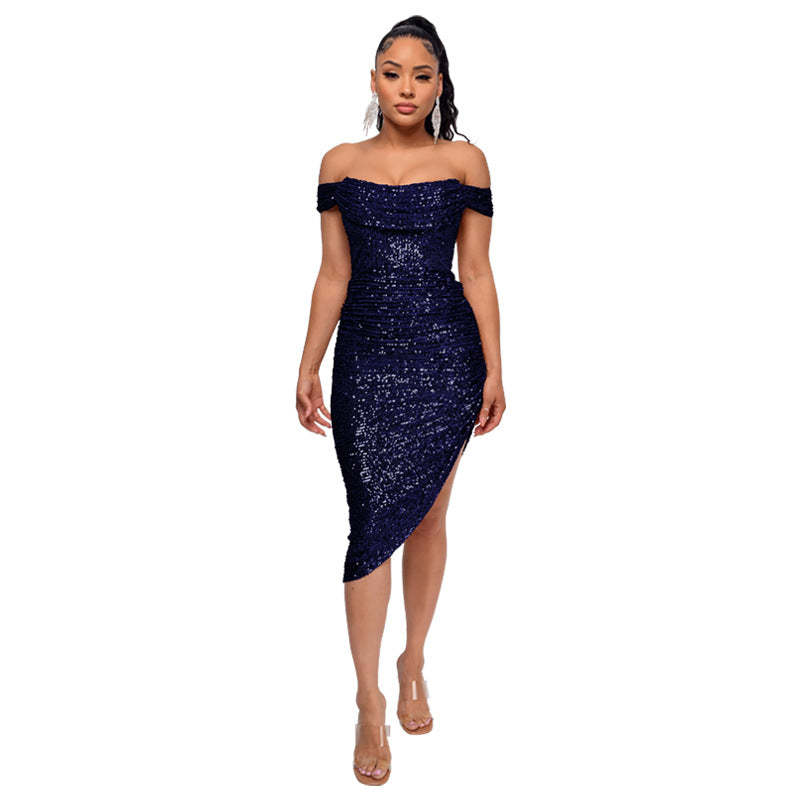 Women's Split Draped Dress Summer Sequined Backless Dresses