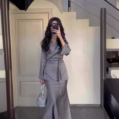 Women's Spring Satin Patchwork Design Long Dress Suits
