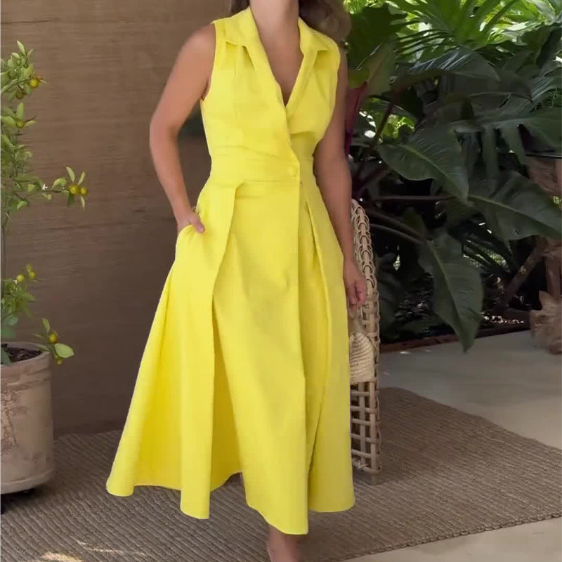 Women's Solid Color Polo Collar Pleated Long Dresses