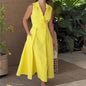 Women's Solid Color Polo Collar Pleated Long Dresses