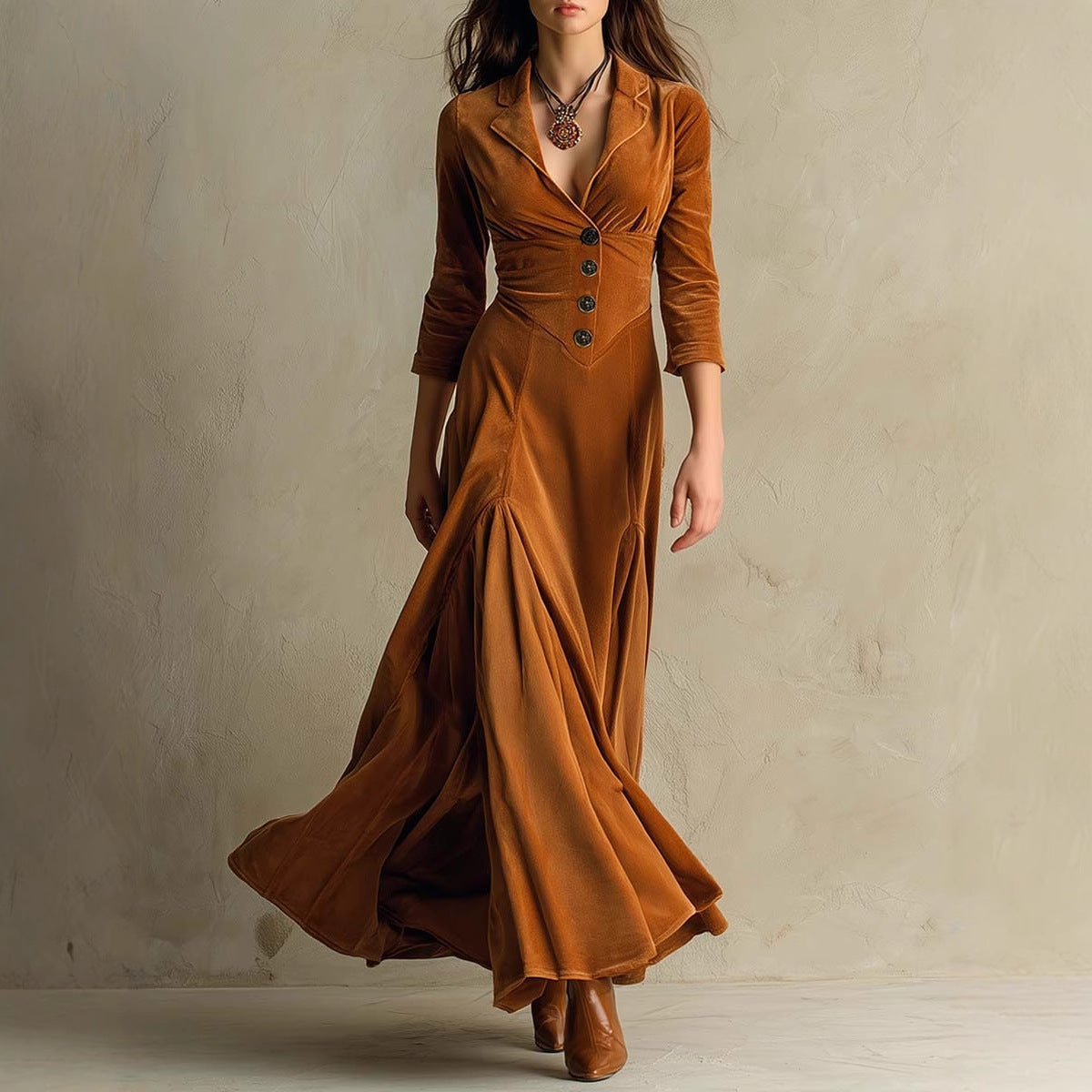 Women's Solid Color Buttons Lapel Sleeve Maxi Dress Dresses