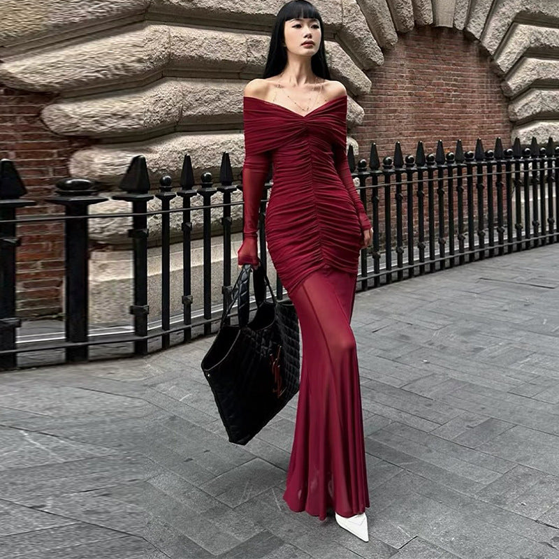 Women's Autumn Elegant Pleated Red Dress Dresses