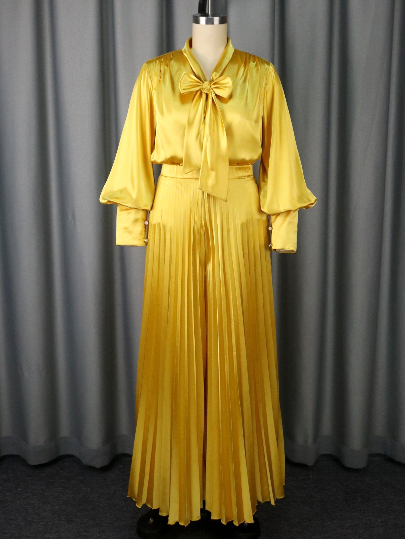 Bow Long Sleeve Elegant Pleated Wide Suits