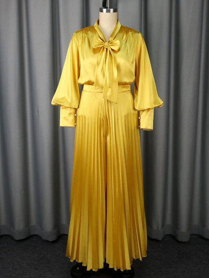 Bow Long Sleeve Elegant Pleated Wide Suits