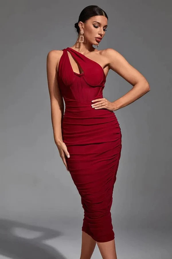 Solid Color Pleated Shoulder Fishbone Hollow Dresses