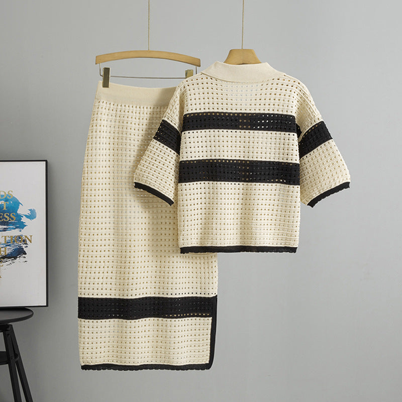 Women's Summer Fashion Elegant Striped Knitted Short-sleeved Midi Suits