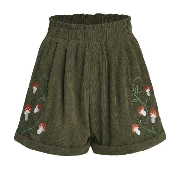 Corduroy Mushroom Embroidered Elastic Waist Casual Shorts