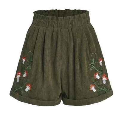 Corduroy Mushroom Embroidered Elastic Waist Casual Shorts